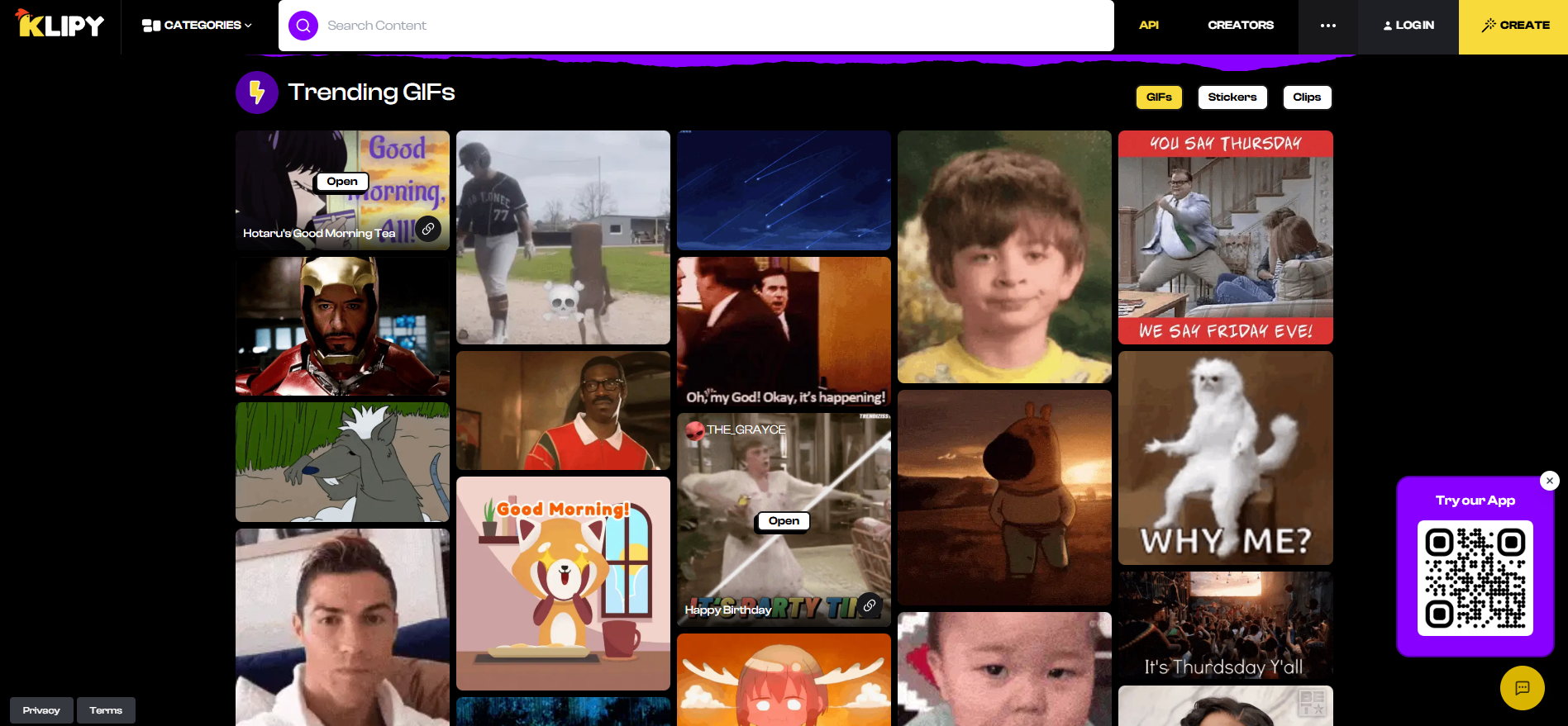 Klipy trending GIFs feed
