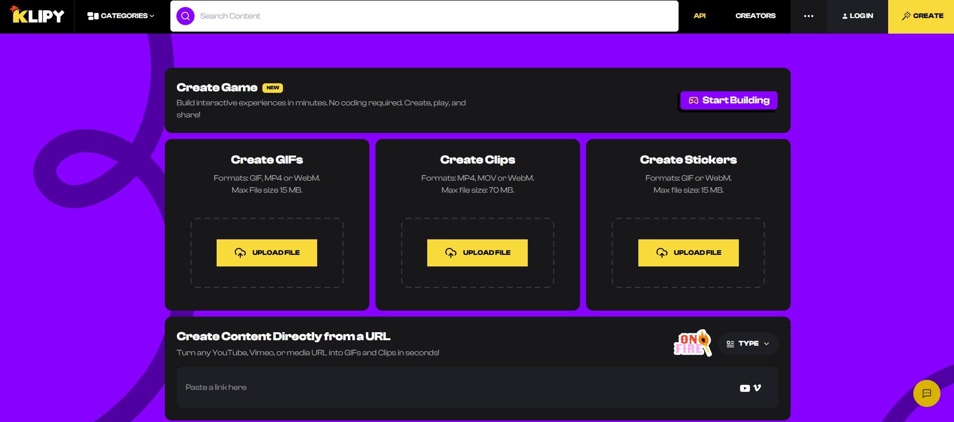 Klipy create page with GIF, clip and sticker uploads