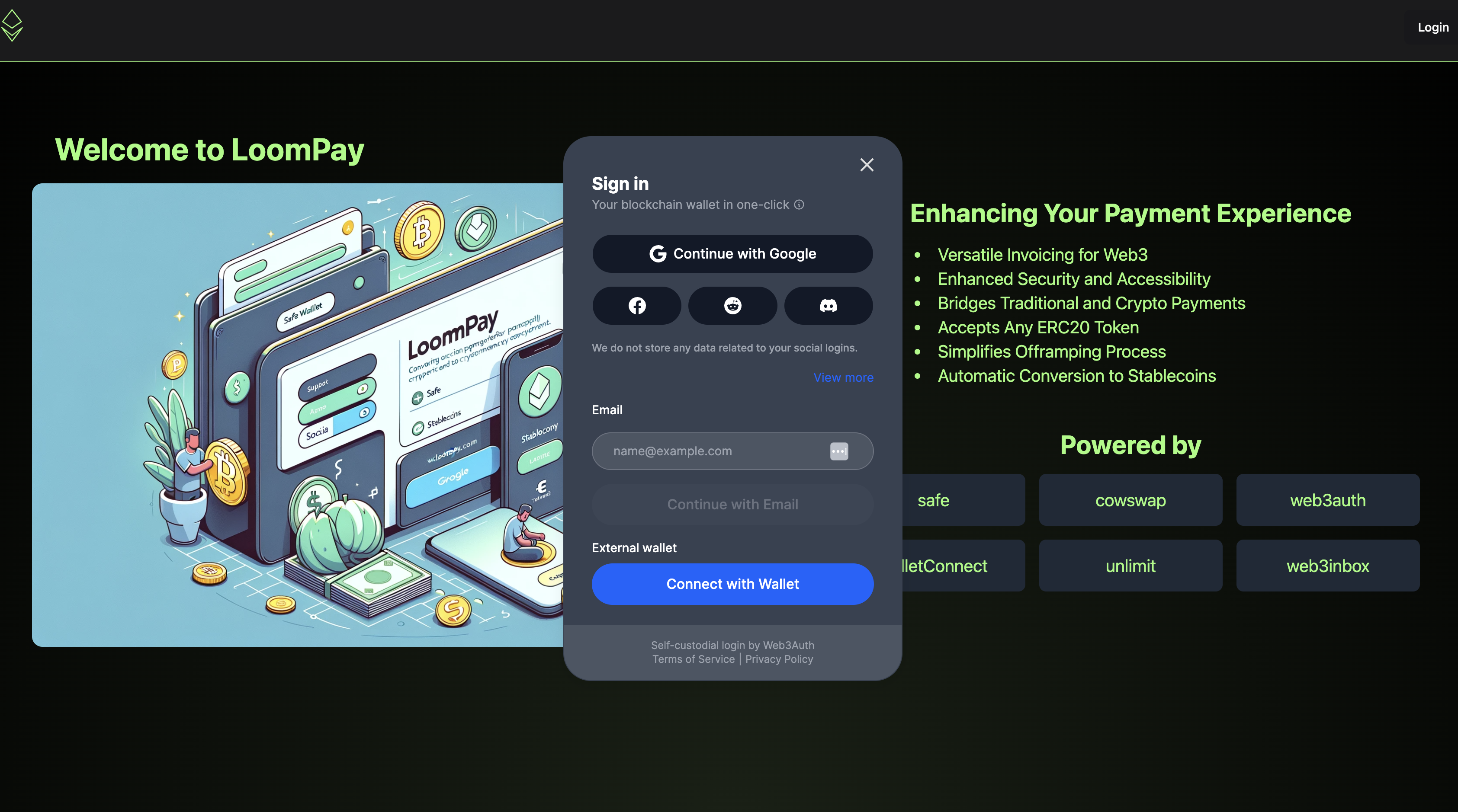 LoomPay landing page with one-click wallet sign in