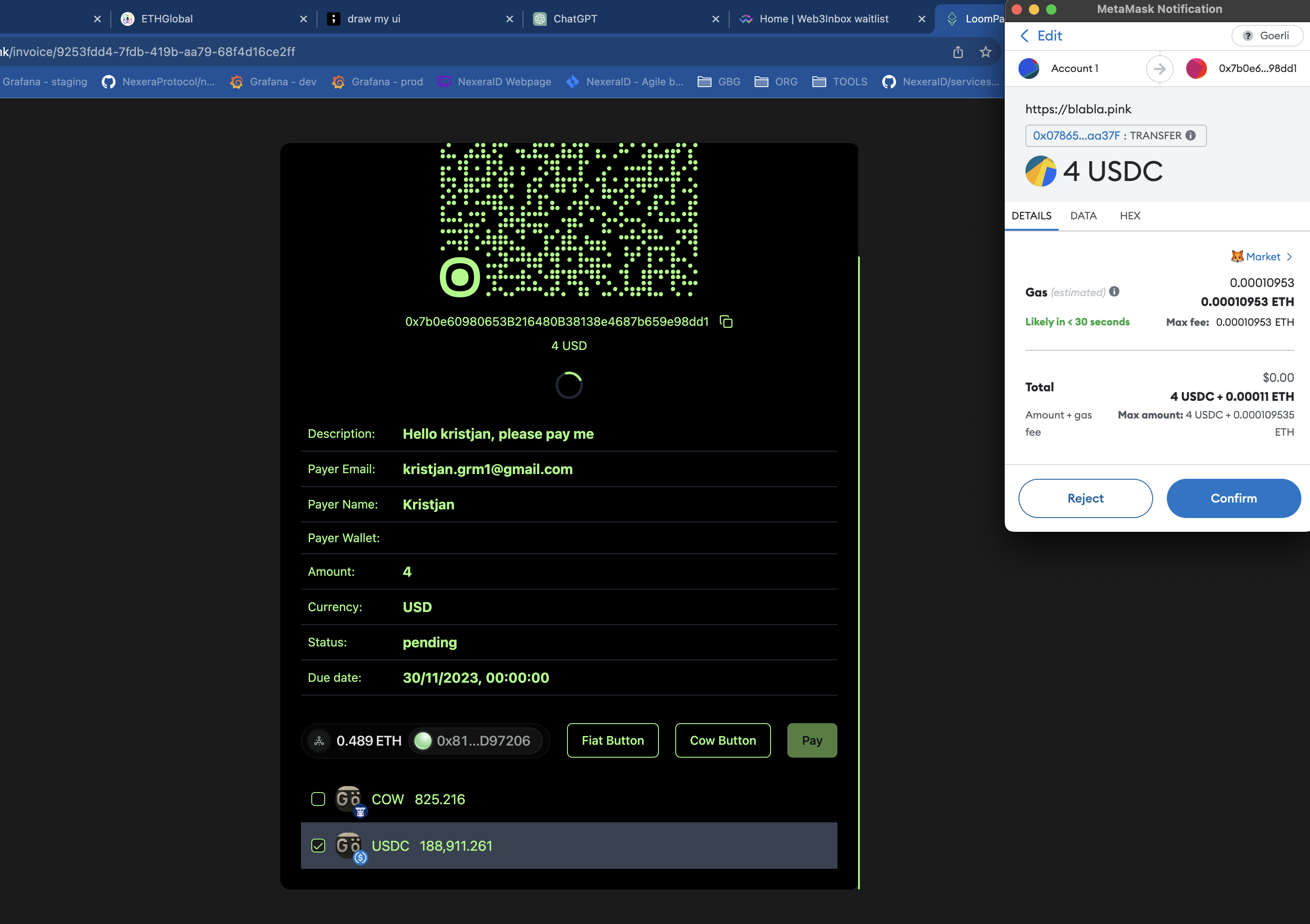 LoomPay invoice being paid in USDC via MetaMask