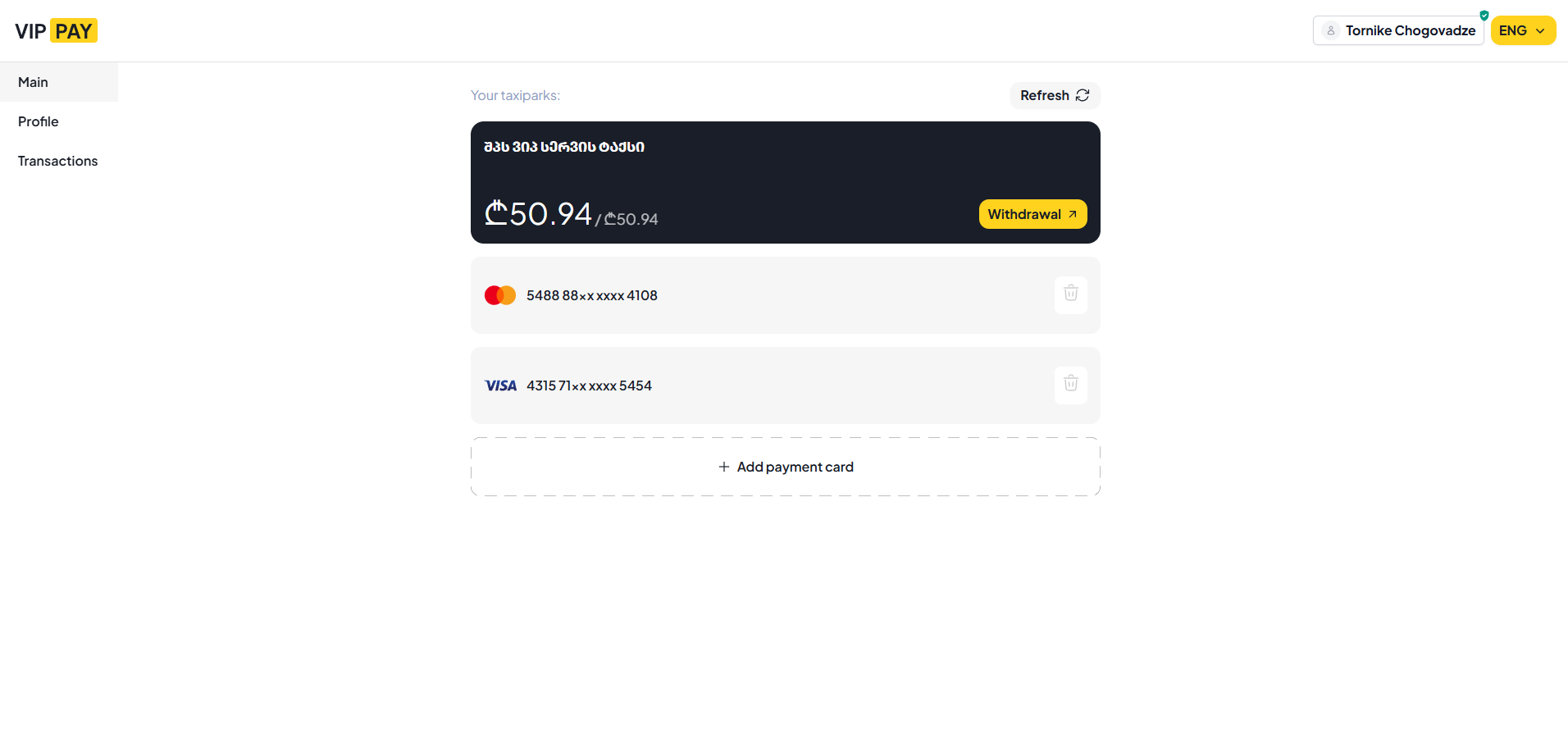 VIP PAY driver wallet with linked payment cards